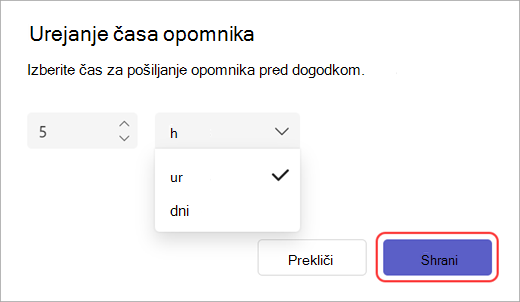 Posnetek zaslona urejevalnika časa pošiljanja e-poštnega sporočila z opomnikom v aplikaciji Teams.