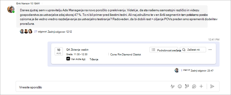 Posnetek zaslona, ki prikazuje klepet srečanja v nitih v kanalu Microsoft Teams.