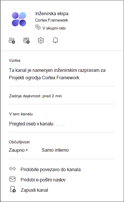Posnetek zaslona kartice kanala. Pokažite na ime kanala, da si ogledate njegovo kartico kanala.