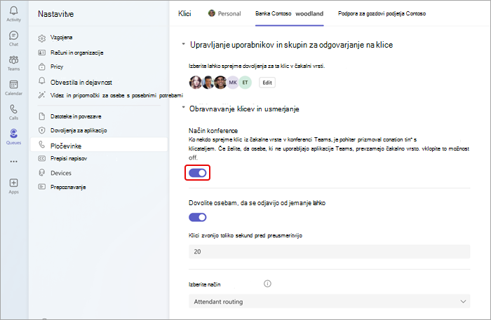 Posnetek zaslona, ki prikazuje, kako vklopite ali izklopite način konference