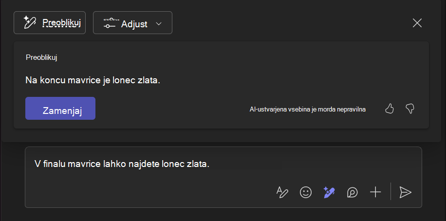 Posnetek zaslona, ki prikazuje, kako orodje za prepisovanje z orodjem Copilot pomaga izboljšati del besedila.