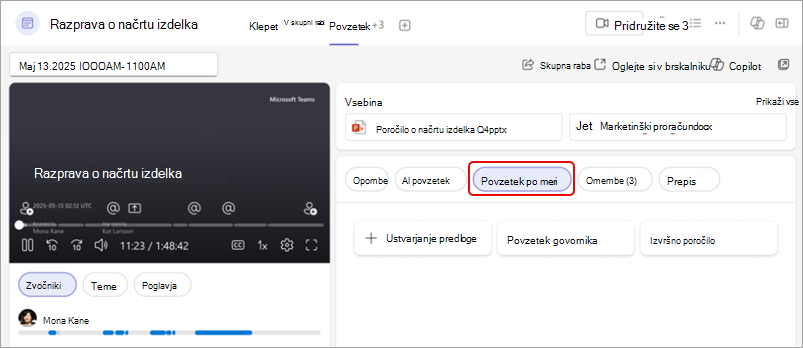 Posnetek zaslona, ki prikazuje prilagojen povzetek povzetka aplikacije Teams, na katerem je označen gumb Povzetek po meri.