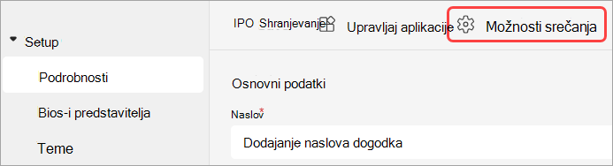 Posnetek zaslona, na katerem je označen uporabniški vmesnik »Možnosti srečanja« v dogodku v aplikaciji Teams.