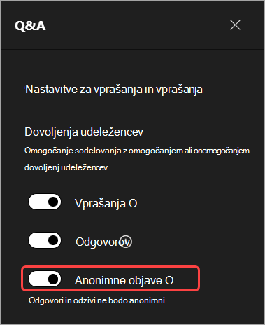 Posnetek zaslona z označenim uporabniškim vmesnikom za skrivanje imen udeležencev v vprašanjih&odgovorov