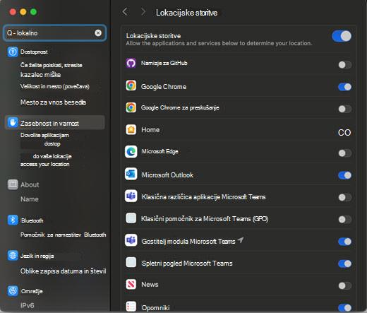Zaslon pogovornega okna »Nastavitve lokacij« za MAC