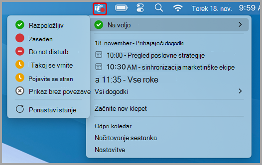 Posnetek zaslona, ki prikazuje meni hitrih dejanj za Teams v računalniku Mac.