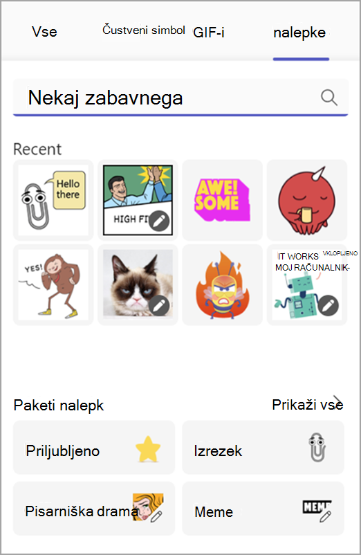 Posnetek zaslona z memi in nalepkami v izbirniku zabave
