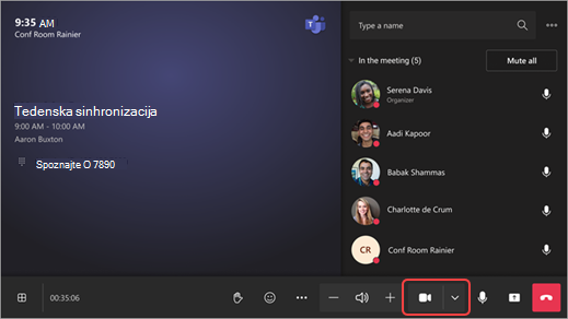 Posnetek zaslona prikazuje konzolo sobe Teams z označeno puščico spustnega seznama ob ikoni kamere.