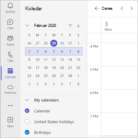 Posnetek zaslona, ki prikazuje več koledarjev, izbranih v koledarju aplikacije Teams.