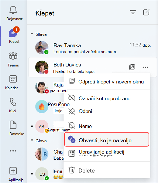 Posnetek zaslona, ki prikazuje, kako biti obveščeni, ko se stanje osebe spremeni v klepetu.