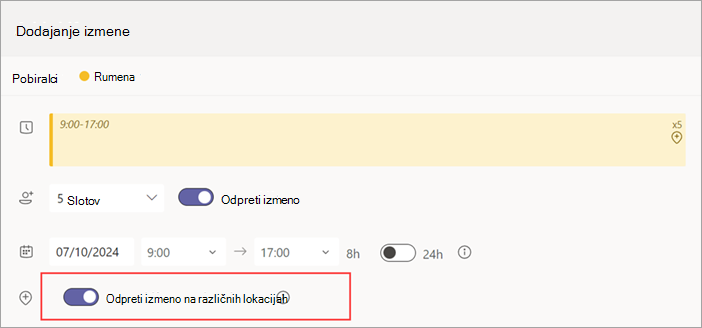 Posnetek zaslona, ki prikazuje preklopno stikalo »Odpri izmeno na več lokacijah« za odprto izmeno.