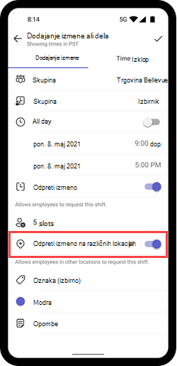 Posnetek zaslona, na katerem je prikazano preklopno stikalo »Odpri izmeno na različnih lokacijah« za izmeno v prenosni napravi.