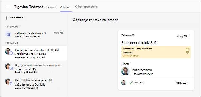 Posnetek zaslona zahteve za odprto izmeno delavcev, ki jo je odobril vodja.