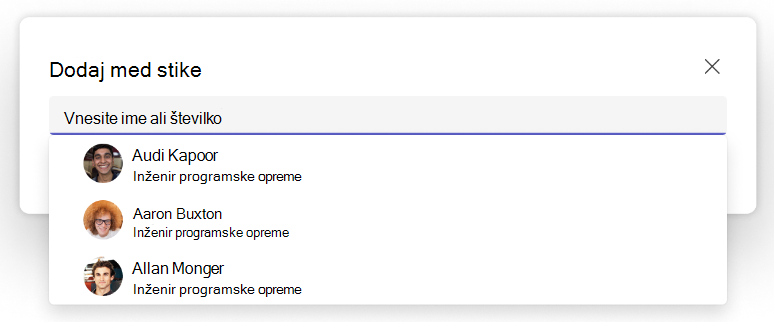 Posnetek zaslona spustnega menija »Dodaj stikom« v aplikaciji Teams People