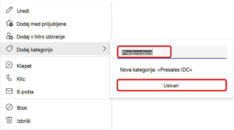 Posnetek zaslona poteka dela dodajanja kategorije v aplikaciji Teams People