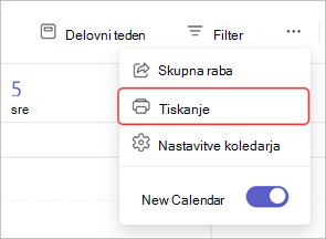 Posnetek zaslona, ki prikazuje možnost tiskanja v koledarju aplikacije Teams.
