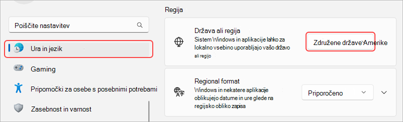 Območne nastavitve v napravi s sistemom Windows.