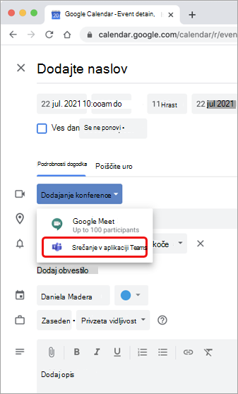 Izberite srečanje v aplikaciji Teams