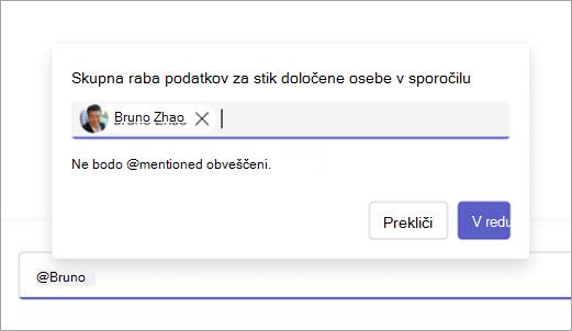 Posnetek zaslona, na katerem je prikazan stik, ki je pripravljen na skupno rabo, v polju za sestavljanje.