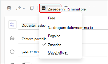 Posnetek zaslona spustnega menija za možnost »Prikazano kot stanja« na srečanju v aplikaciji Teams.