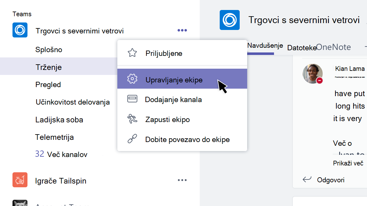 Meni ekipe z izbrano možnostjo »Upravljanje ekipe«