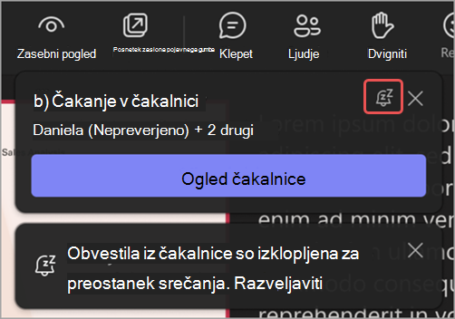 Posnetek zaslona obvestila čakalnice z označeno ikono »Izklopi zvok teh obvestil«.