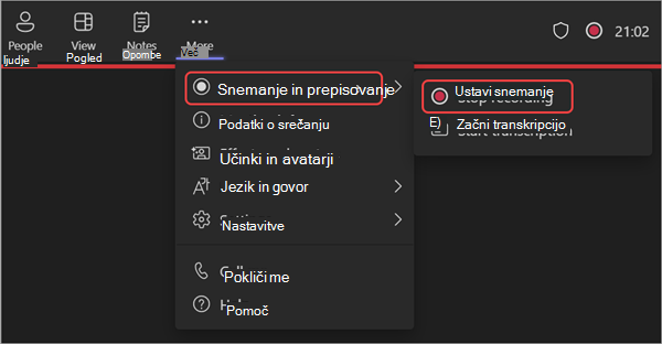 Posnetek zaslona, ki prikazuje, kako ustavite snemanje med spletnim seminarjem