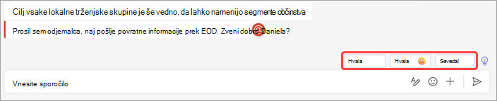 Posnetek zaslona, ki prikazuje predlagane odgovore v klepetu