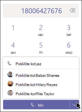 Klicanje v aplikaciji Teams kot pooblaščenec – izberite pooblaščenca