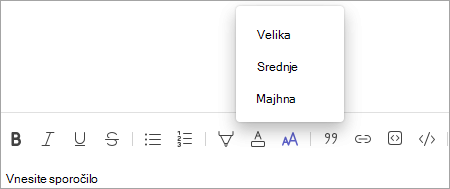 Orodna vrstica za spreminjanje velikosti pisave klepeta v aplikaciji Teams