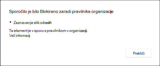 V pogovornem sporočilu je razloženo, zakaj je bilo sporočilo izbrisano, ker vsebuje vsebino za odrasle.