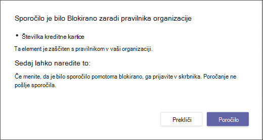 Pogovorno okno z razlago, zakaj je bilo sporočilo blokirano in zakaj ga ni mogoče preglasiti