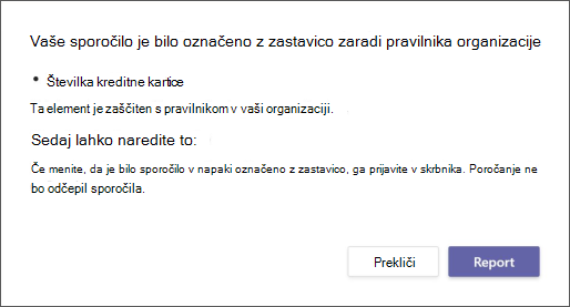 Pogovorno okno z razlago, zakaj je pravilnik organizacije o preprečitvi izgube podatkov označil sporočilo