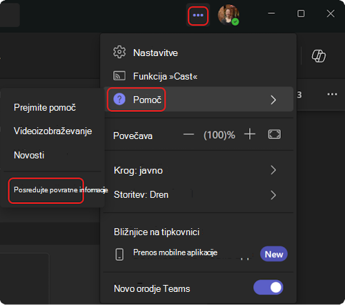 Kako odpreti meni pomoči v aplikaciji Teams.