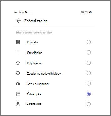 Meni za izbiro privzetega pogleda začetnega zaslona s trenutno izbranimi tipkami za črte.