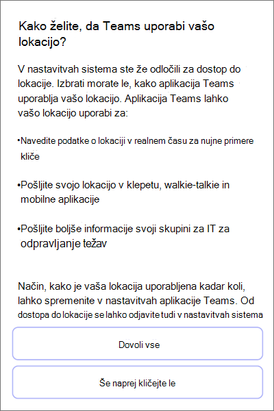 Ekipe; Soglasje za zaznavanje lokacije za mobilne naprave