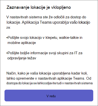 Zaznavanje lokacije v aplikaciji Teams v mobilnih napravah