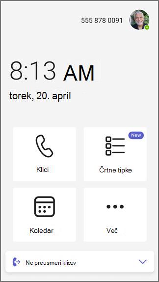 Tipke telefonske linije v aplikaciji Teams – domača stran