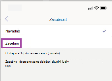 Nastavitve zasebnega kanala.