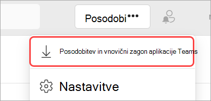 Slika spustnega menija Nastavitve in več z označeno posodobitvijo in ponovnim zagonom Teams.