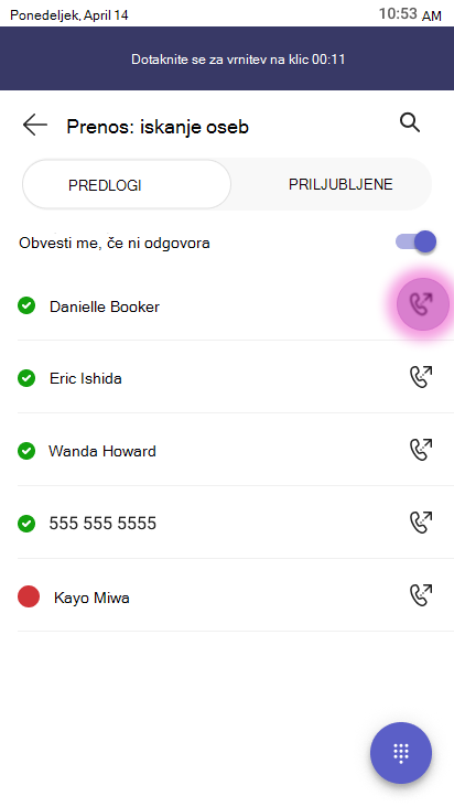 Zaslon za prenos s prikazanim iskalnim poljem z oznako »Prenos: iščite osebe z omogočenim preklopnim gumbom »Obvesti me, če odgovor ni omogočen«, in seznamom stikov, vključno z Danielle Booker, Eric Ishida, Wanda Howard, 555 555 5555 in Kayo Miwa. Ob vsakem stiku je prikazan interaktivni gumb za prenos, označen pa je gumb za prenos klica.