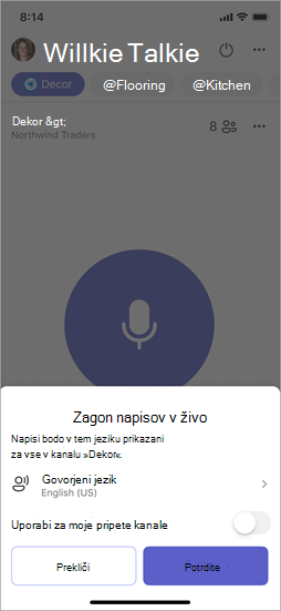 Posnetek zaslona, ki prikazuje možnosti pri vklopu napisov v živo