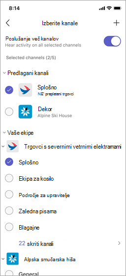 Zaslon za izbiro kanalov v voki-toki.