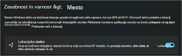 Slika, ki prikazuje zaslon Lokacija zasebnosti & varnosti.