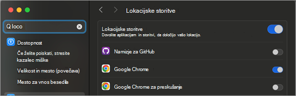 Slika, ki prikazuje okno Varnost in zasebnost z vpoklicanimi lokacijskimi storitvami.
