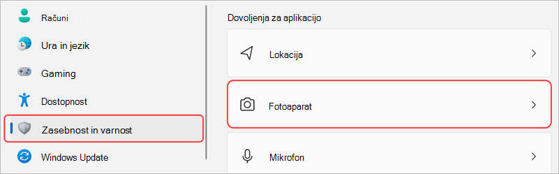 Nastavitve sistema Windows z označenim uporabniškim vmesnikom kamere.