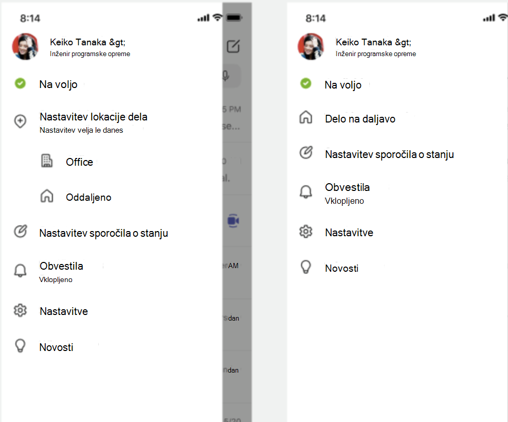 Posnetek zaslona mobilnega menija z možnostjo delovne lokacije