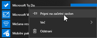 Izbran je bil kontekstni meni za odpiranje aplikacije Microsoft To Do in pripni na začetek
