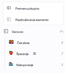 Domača skupina je izbrana z možnostjo Preimenuj skupino ali Odpni sezname