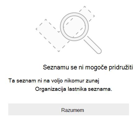 Sporočilo o napaki skupne rabe seznama v aplikaciji Microsoft To Do, ki pravi, da se seznamu ni mogoče pridružiti. Ta seznam ni na voljo nikomur zunaj organizacije lastnika seznama.